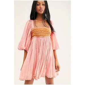 NWT Free People Pink Gold Embroidered Long Sleeve Sahara Mini Dress